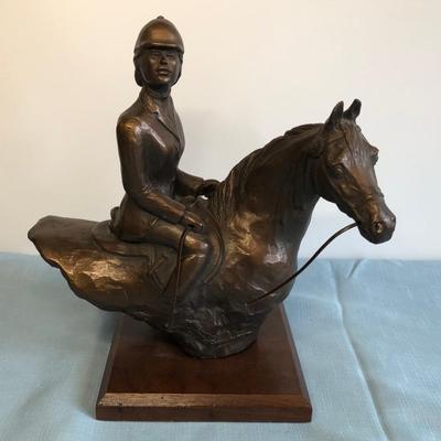 LOT 51M: Harleigh China Company Framed Ceramic Horses, Chesapeake Reproductions Bronze Horse Jockey Statue, Decorative Brass Hunting...