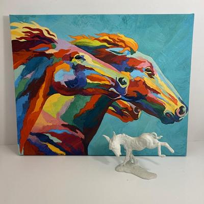 LOT:131: Multi-Colored Horse Modern  Wall Art with Kaiser Bucking Horse Figurine