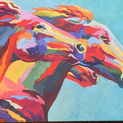 LOT:131: Multi-Colored Horse Modern  Wall Art with Kaiser Bucking Horse Figurine