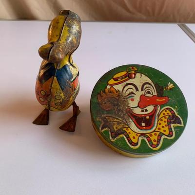 Vintage Tin Toys-J. Chien duck & Clown Noise Maker