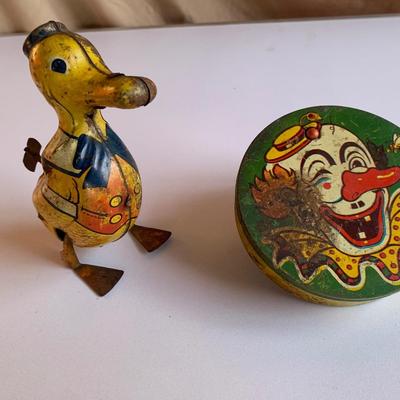 Vintage Tin Toys-J. Chien duck & Clown Noise Maker