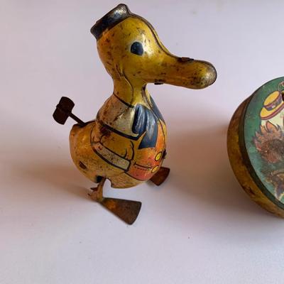 Vintage Tin Toys-J. Chien duck & Clown Noise Maker