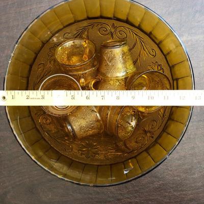 Large Amber punch bowl and 9 cups