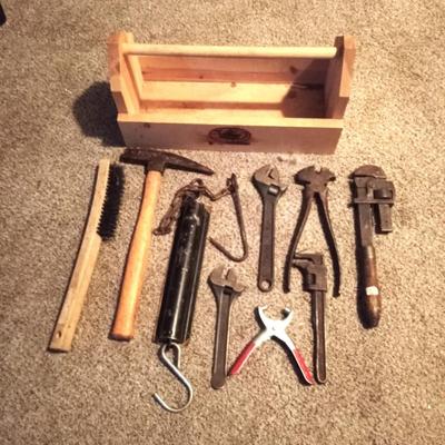 WOODEN CARRY BOX-PICK-CHATILLON WEIGH SCALE-LEATHER HOLE PUNCH AND MORE