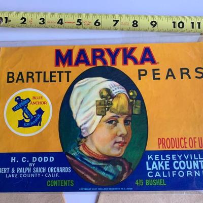 Vintage Maryka Bartlett Pear & Sonoco Brand Federated Fruit and Vegetable Growers Wrappers
