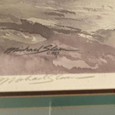 Framed, matted, signed â€œSnow Wagonâ€ by Michael Sloan, 1987, numbered 108/1000