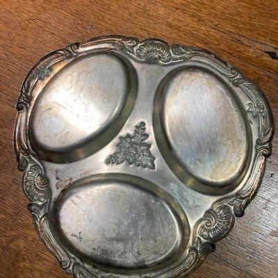 Vintage silver plate covered compote  and divided serving dish with spoon