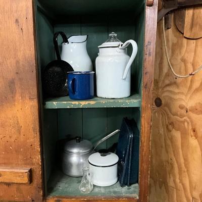 1725 Pine Chimney Cabinet with Enamelware