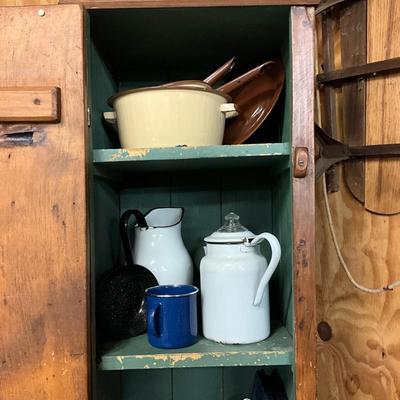 1725 Pine Chimney Cabinet with Enamelware