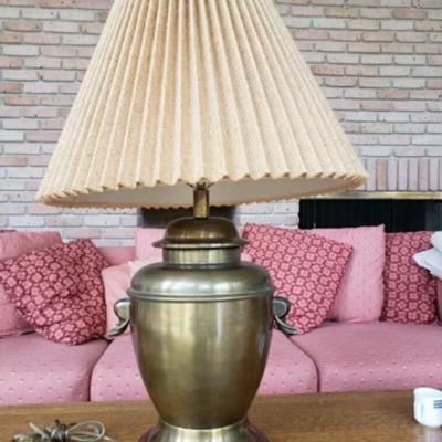 Vintage brass urn style lamp with elephant handles and wooden base