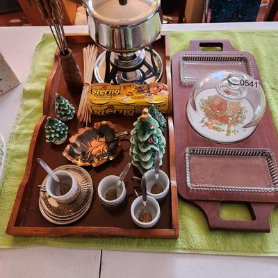 Vintage Fondue set ,Serving Trays, Christmas Tree salt Pepper shakers