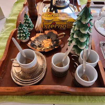 Vintage Fondue set ,Serving Trays, Christmas Tree salt Pepper shakers