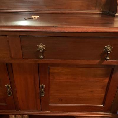 Mahogany buffet, beveled mirror, 2 drawers, 2 doors, 2 shelves, key 60â€H 48â€W 20â€depth