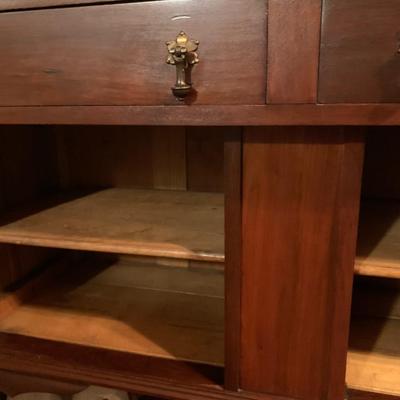 Mahogany buffet, beveled mirror, 2 drawers, 2 doors, 2 shelves, key 60â€H 48â€W 20â€depth