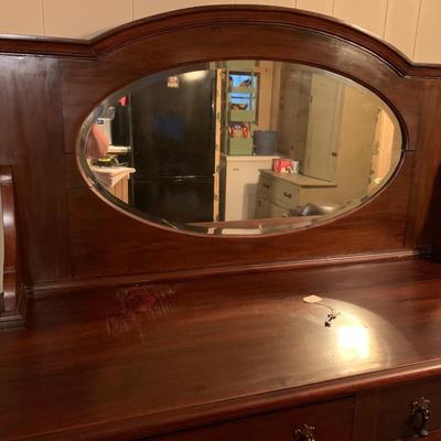 Mahogany buffet, beveled mirror, 2 drawers, 2 doors, 2 shelves, key 60â€H 48â€W 20â€depth