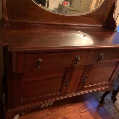 Mahogany buffet, beveled mirror, 2 drawers, 2 doors, 2 shelves, key 60â€H 48â€W 20â€depth