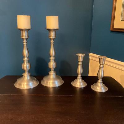 012 Two Sets of Woodbury Pewter Candlesticks