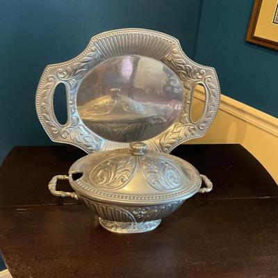 021 Lenox Butlers Pantry Pewter Tureen and Double Handled Tray