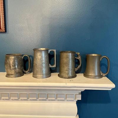 031 Lot of Four Vintage Pewter Mugs / Tankards