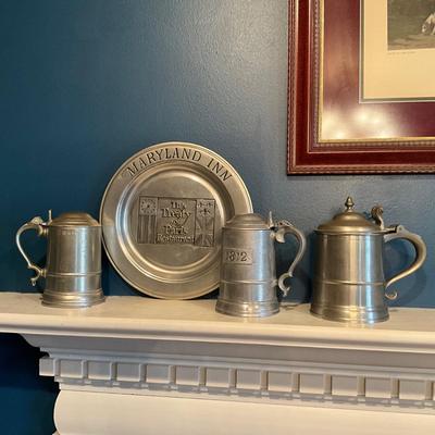 032 Lot of Pewter Tankards with MD. Treaty Paris Plate