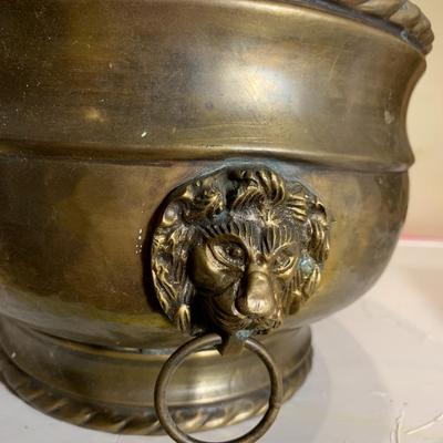 Heavy Brass Planter Urn With Lion Heads