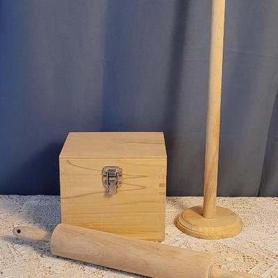 Lot 50: Wood Rolling Pin, Paper Towel Holder and Large Recipe Box