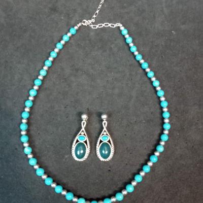 STERLING SILVER AND TURQUOISE TONE NECKLACE AND EARRINGS