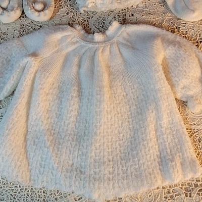Lot 83: Vintage Little Girls White Sweater, Socks & Bonnets
