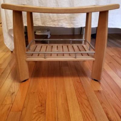 Solid teak bath stool with shelf and  metal accents from Ballard Designs