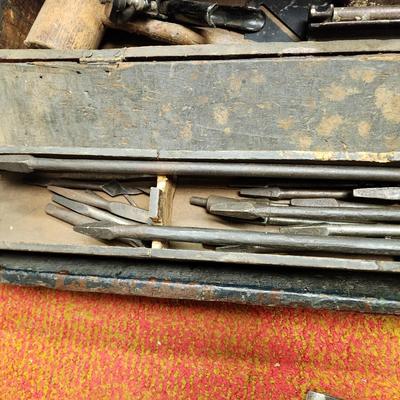 Old Wood Tool Box with Tools Drill Bits   lot 571