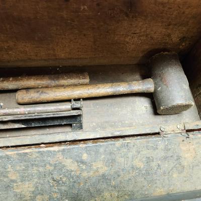 Old Wood Tool Box with Tools Drill Bits   lot 571