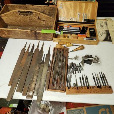 Wood Tool Box with Files, x-acto Knife Box , Bits     lot 574