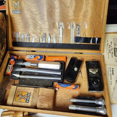 Wood Tool Box with Files, x-acto Knife Box , Bits     lot 574