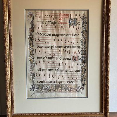 Large Framed 17th Century Antiphonal music sheet / Gregorian Chant