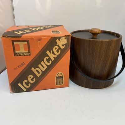 Vintage Faux Leather Wood Grain Vinyl Ice Bucket from Irvinware with Box