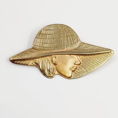 VINTAGE FAUX GOLD TONED WOMAN W/ LARGE HAT PIN