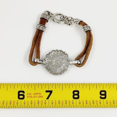 LEATHER FAUX TURQUOISE SILVER TONED BRACELET