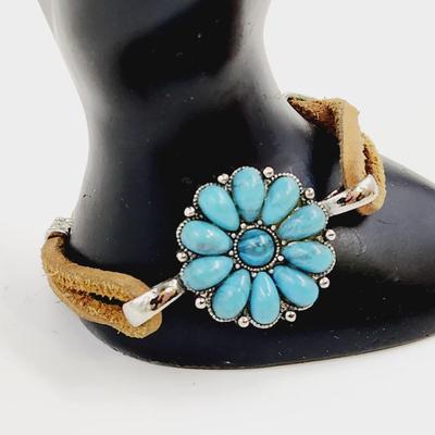 LEATHER FAUX TURQUOISE SILVER TONED BRACELET