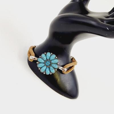 LEATHER FAUX TURQUOISE SILVER TONED BRACELET