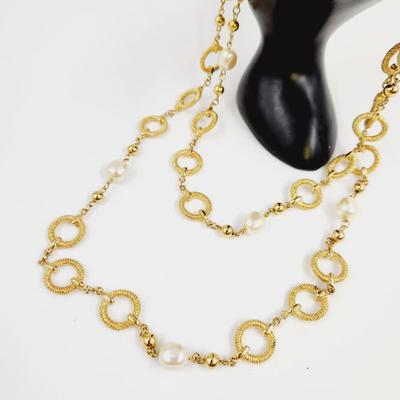 BEAUTIFUL GOLD TONED & FAUX PEARL LONG OR LAYERED O RING NECKLACE