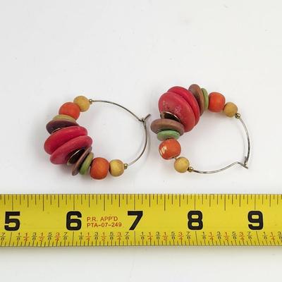 SUPER COLORED WOOD BEED DECORATED HOOP EARRINGS