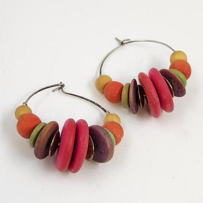 SUPER COLORED WOOD BEED DECORATED HOOP EARRINGS