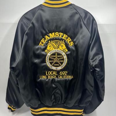 Retro Large Teamsters Black & Yellow Nylon Logo Bomber Jacket with International Brotherhood of Teamsters Button