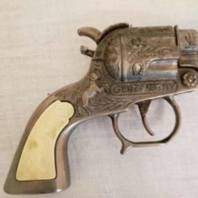 Gene Autry toy cap pistol 1950s â€” Rearing horse grip with BH, Buzz Henry emblem