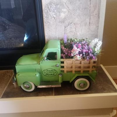 ADORABLE TIN TRUCK FLOWER POT WITH FAUX FLOWERS AND GREENERY