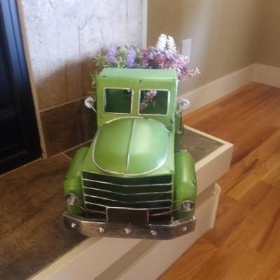 ADORABLE TIN TRUCK FLOWER POT WITH FAUX FLOWERS AND GREENERY