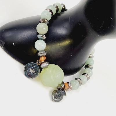 QVC STERLING SILVER, JADE & CARNELIAN BEAD FENG SHUI CHARM BRACELET