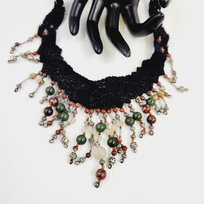 BEAUTIFUL HAND CRAFTED CROCHETED AUTHENTIC STONE NECKLACE STATEMENT PIECE
