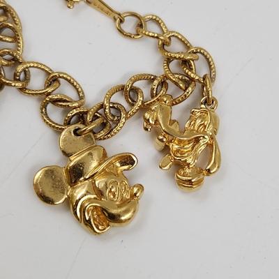 VINTAGE GOLD TONED DISNEY MICKEY & FRIEND CHARM BRACELET