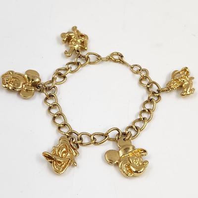 VINTAGE GOLD TONED DISNEY MICKEY & FRIEND CHARM BRACELET